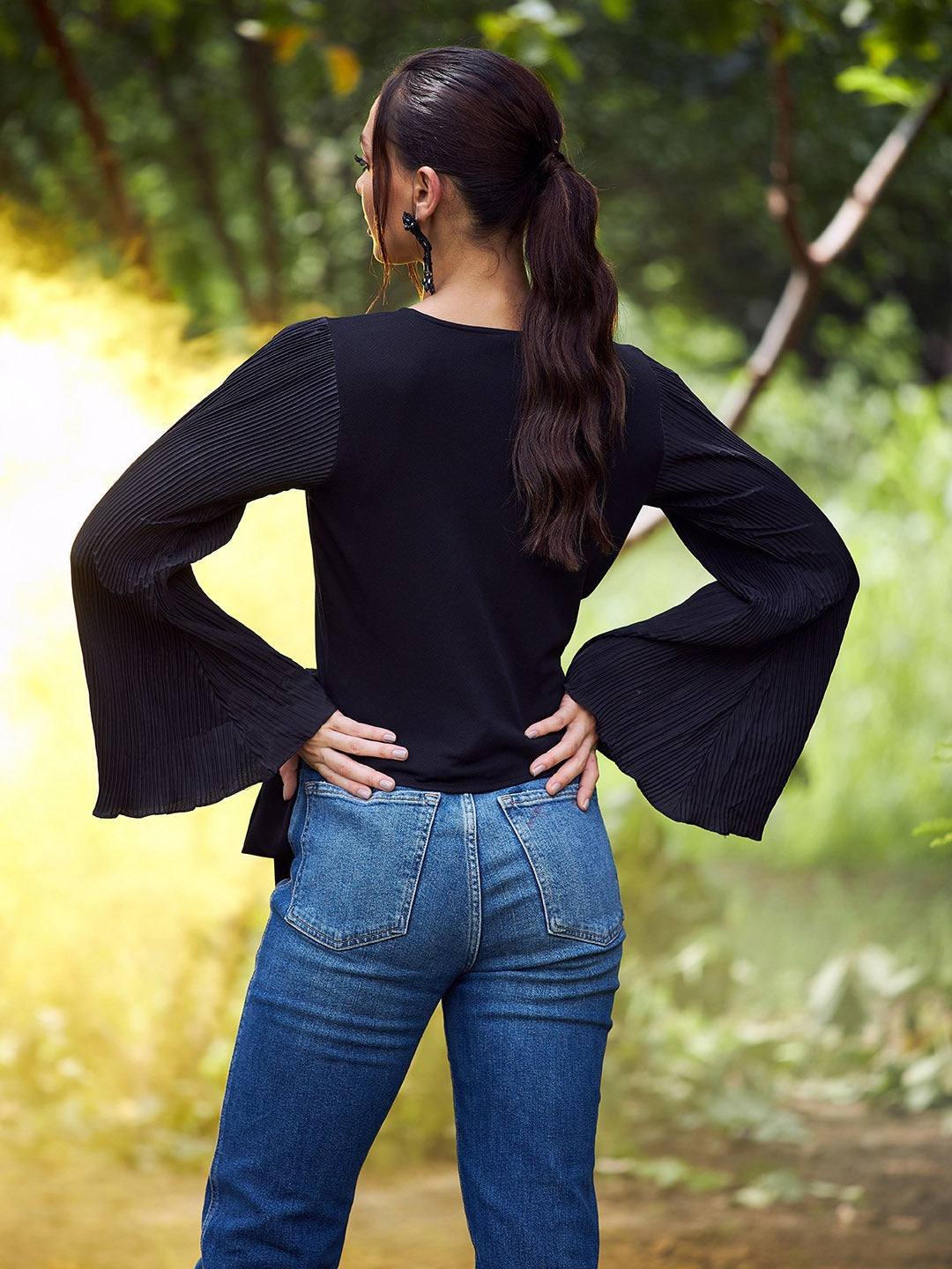 Black Accordion Pleats Flared Sleeves Wrap Top