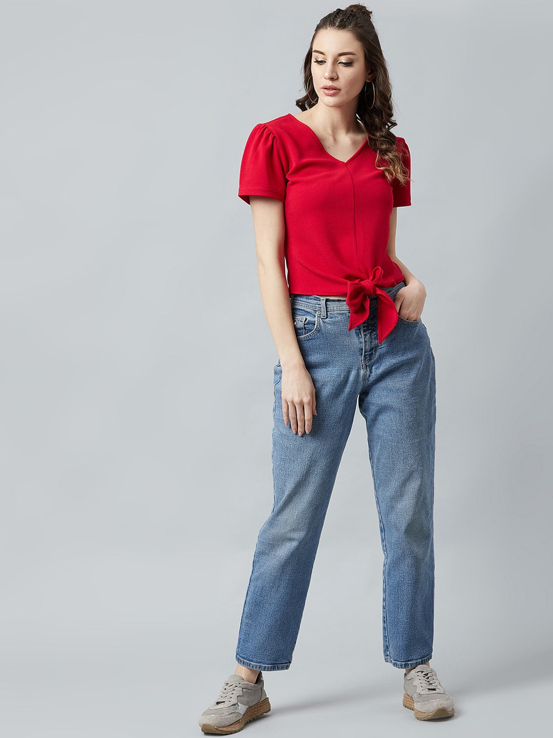 Red Knotted Top With Puff Sleeves