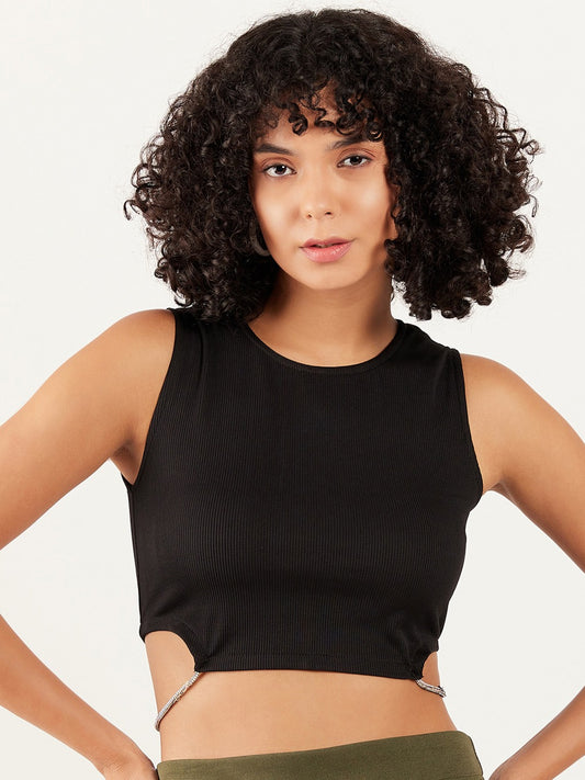 Round Neck Cut-Out Detailed Fitted Crop Top