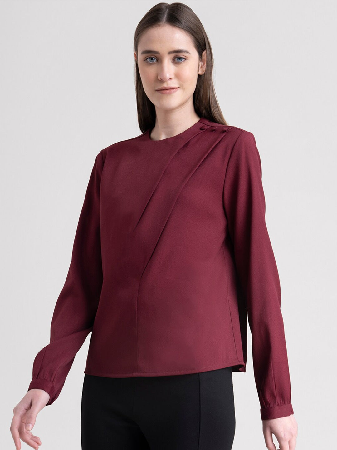 Maroon Crew Neck Button Top