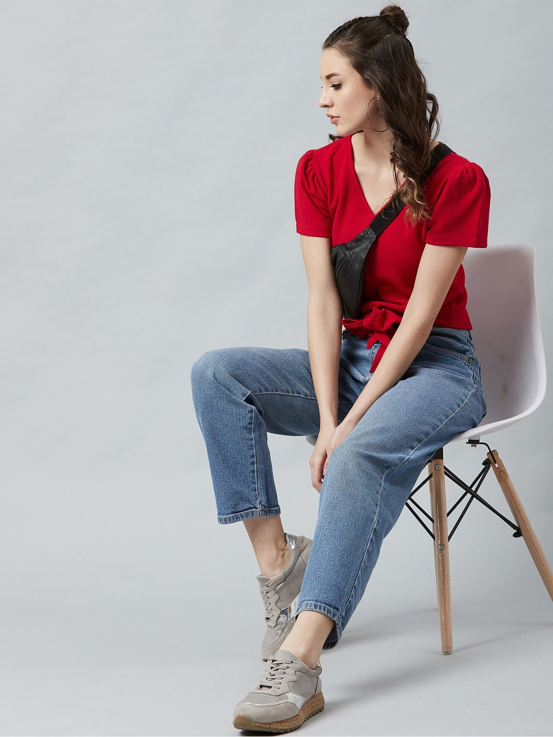 Red Knotted Top With Puff Sleeves