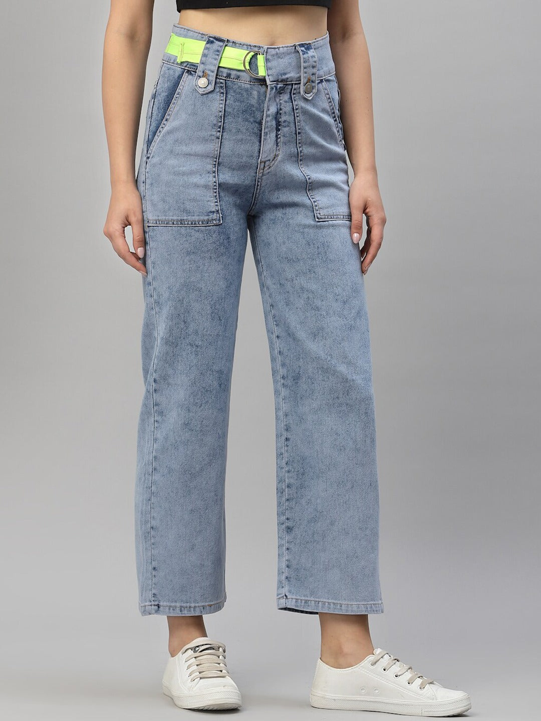 Women Blue Wide Leg High-Rise Heavy Fade Jeans
