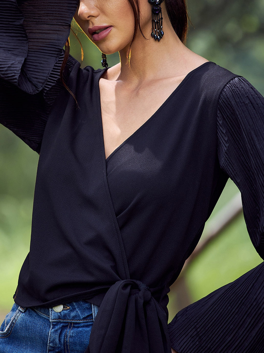 Black Accordion Pleats Flared Sleeves Wrap Top