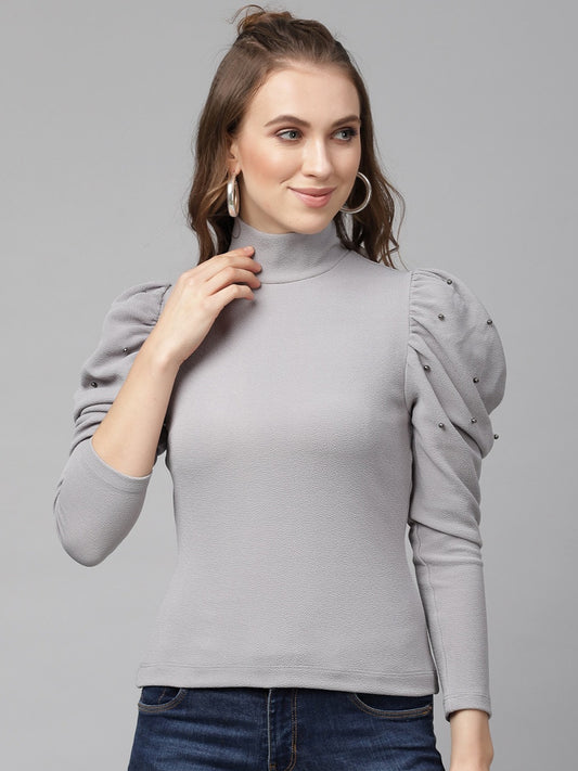 Women Grey Solid Fitted Top