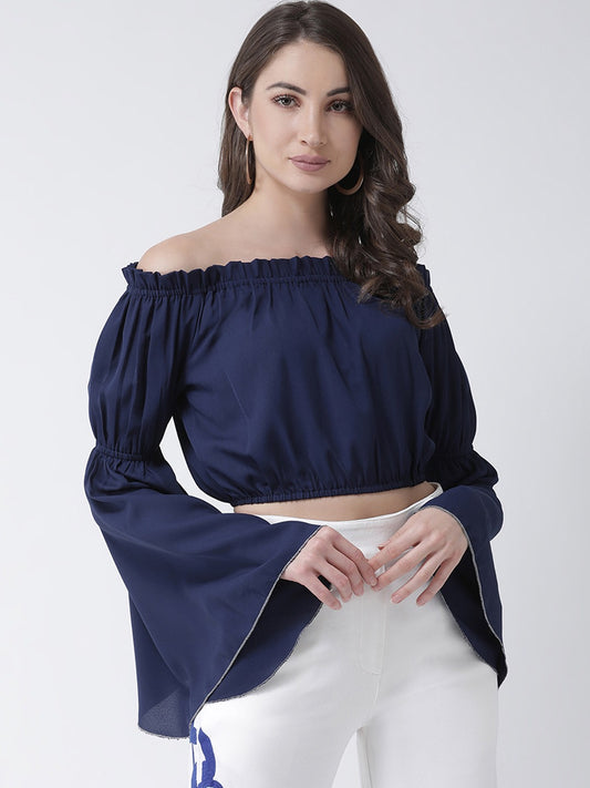 Women Navy Blue Solid Bardot Crop Top