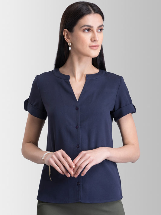 Women Navy Blue Solid Shirt Style Top