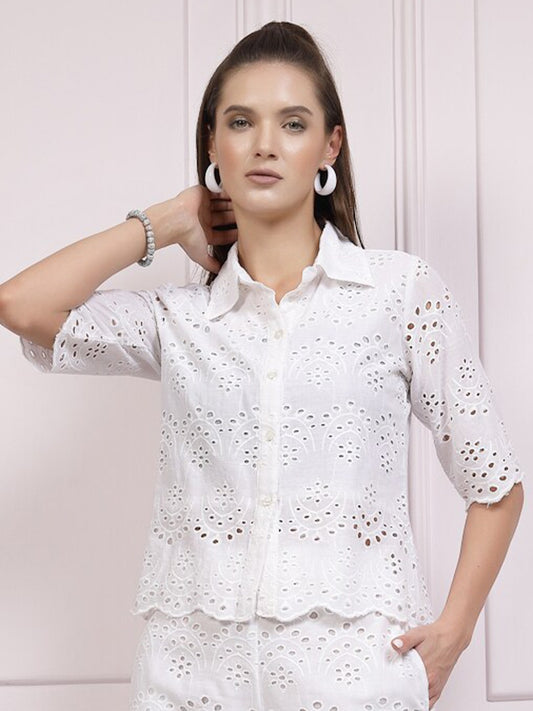 Self Design Shirt Collar Schiffli Cotton Shirt Style Top