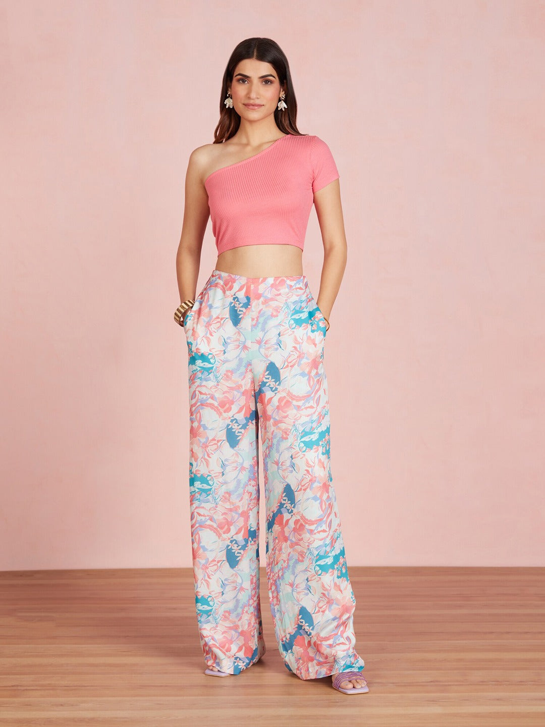Pink One shoulder Ribbed Fitted Crop Top