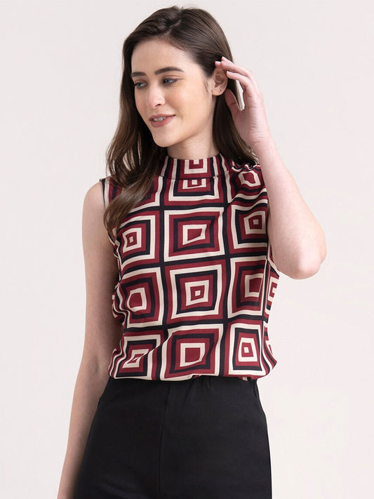 Maroon & Black Geometric Print Top