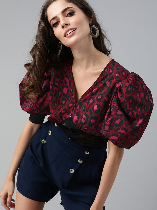 Kassually Burgundy & Black Animal Printed Puff Sleeves Regular Crop Top