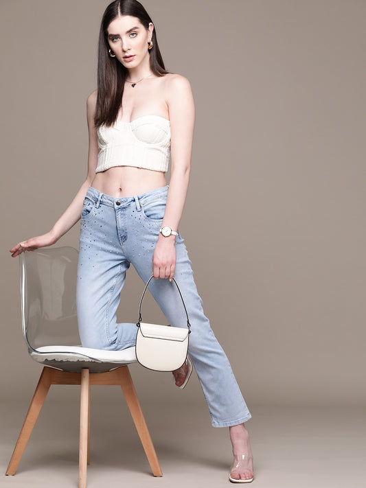 Women Denim Daze Straight Fit Mid-Rise Embellished Light Fade Stretchable Jeans
