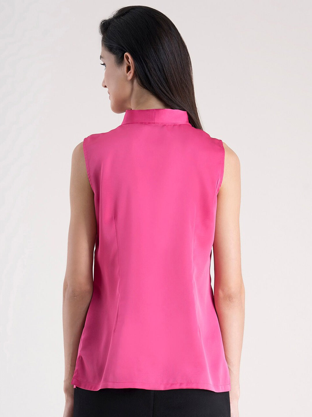 Fuchsia Tie-Up Neck Satin Regular Top