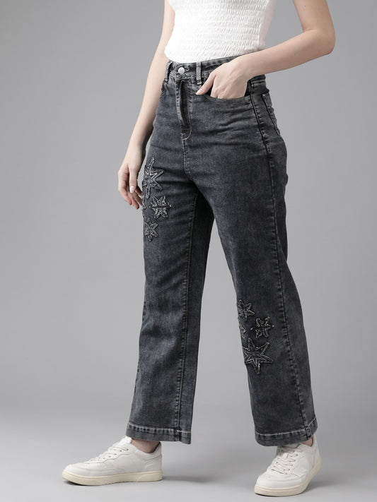 Women Charcoal Wide Leg High-Rise Embroidered Stretchable Jeans