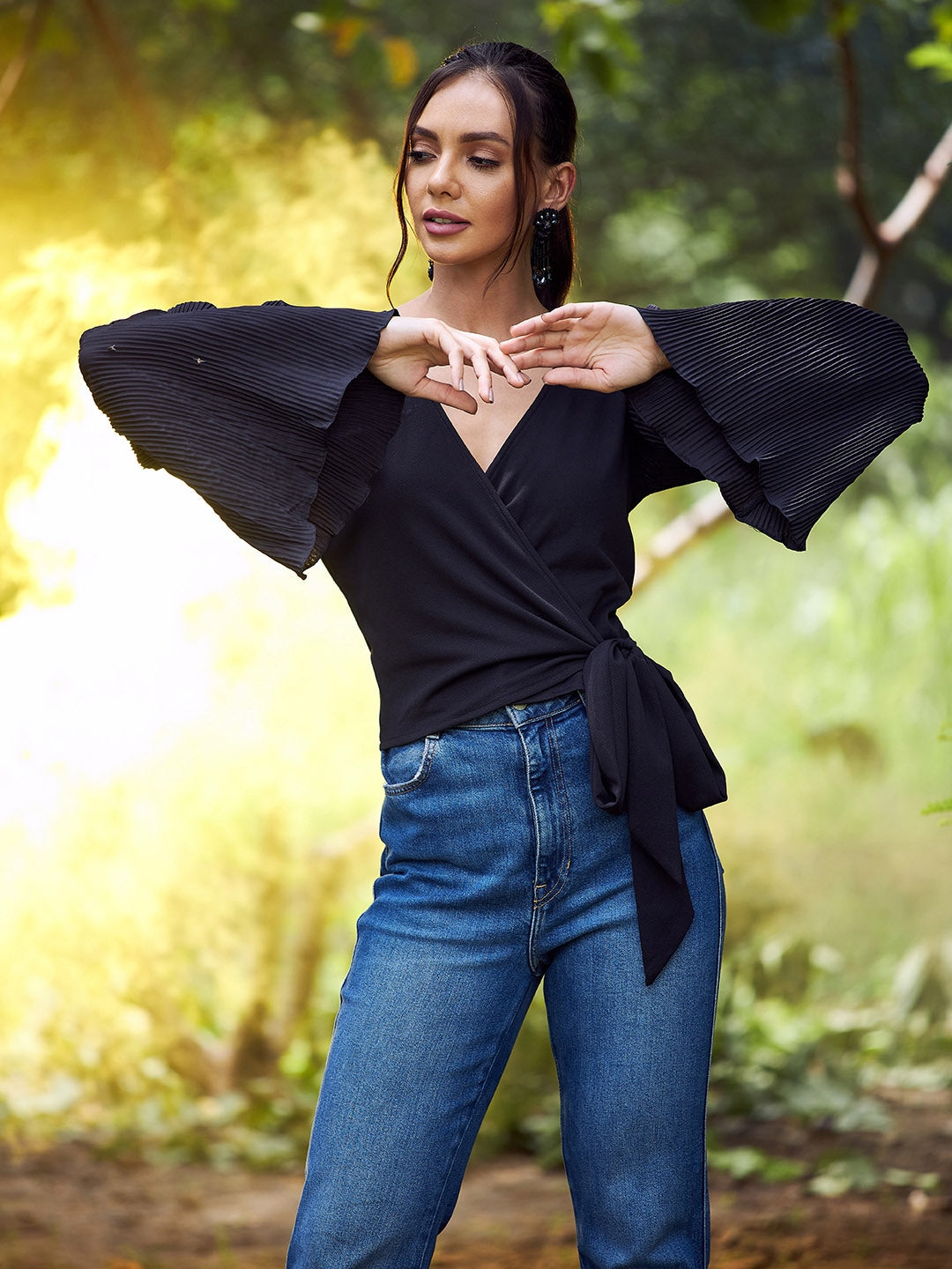 Black Accordion Pleats Flared Sleeves Wrap Top