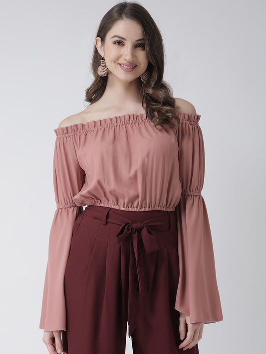 Women Pink Solid Bardot Top