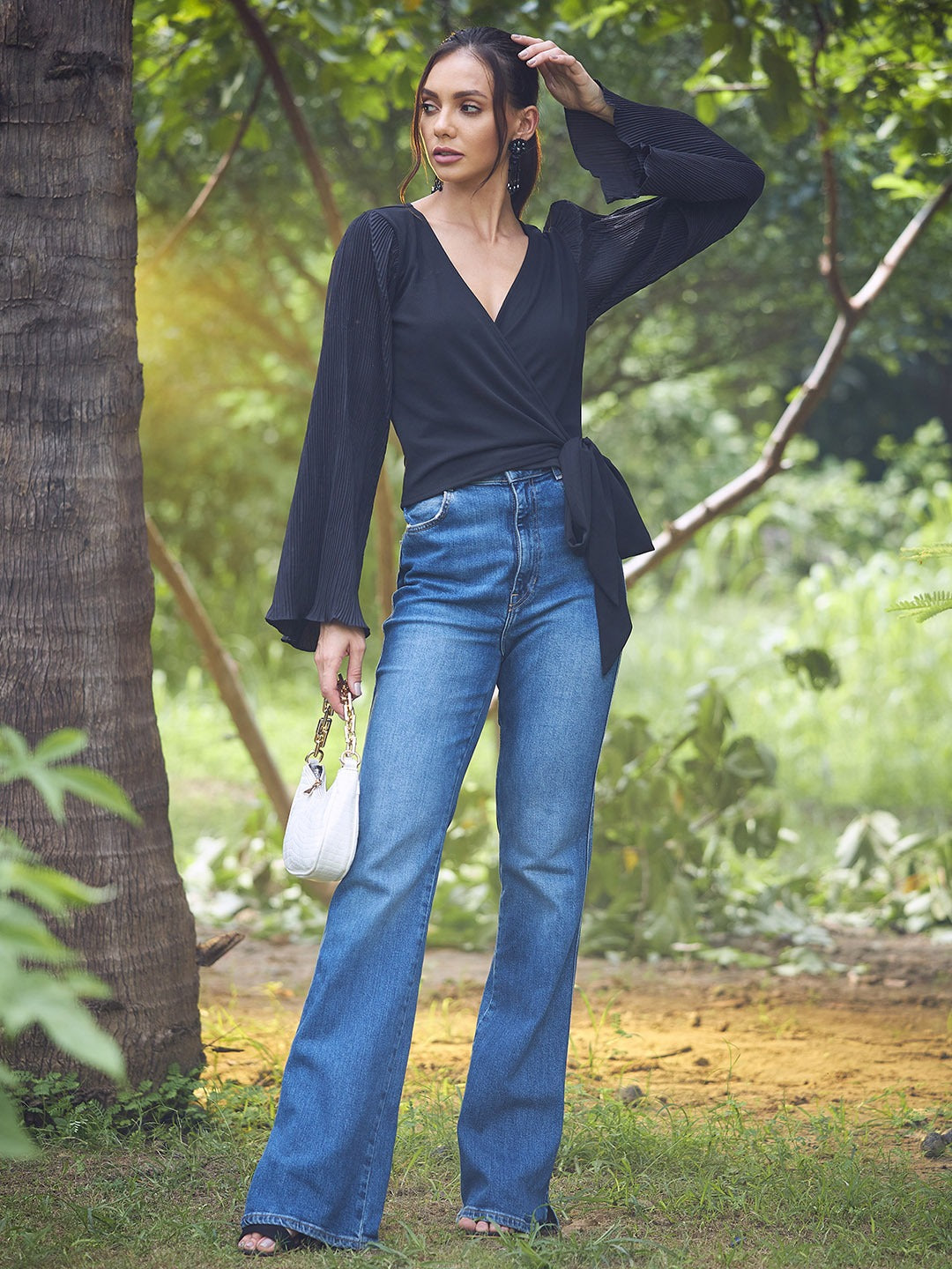 Black Accordion Pleats Flared Sleeves Wrap Top