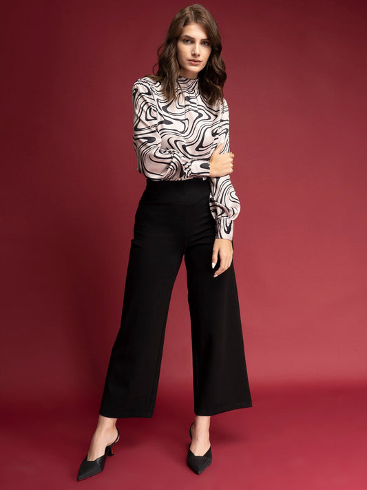 Off White & Grey Print Satin Top