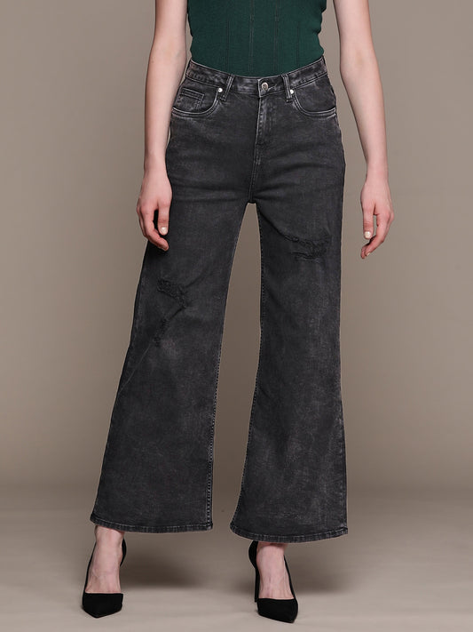 Women Charcoal Grey Essential Wide Leg Fit High-Rise Stretchable Jeans