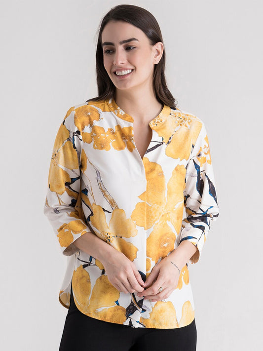 Mustard Yellow Floral Mandarin Collar Regular Top