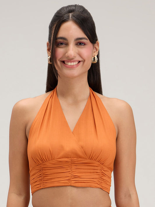 Orange Halter Neck Smocking Fitted Crop Top
